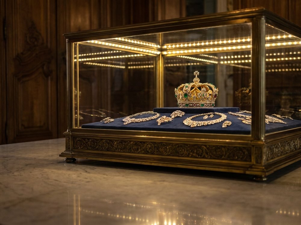 A royal crown and jeweled regalia displayed under museum lighting in Alexandria.
