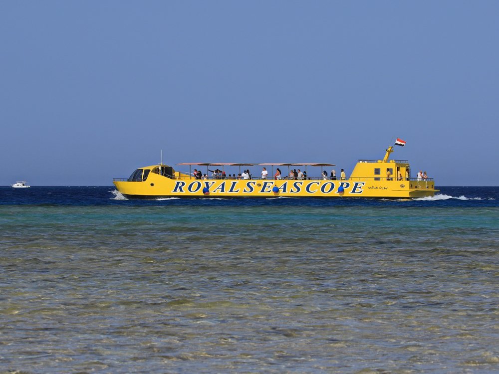 A glass-bottom boat off the Red Sea coast near Hurghada, built with viewing panels set directly into the hull.