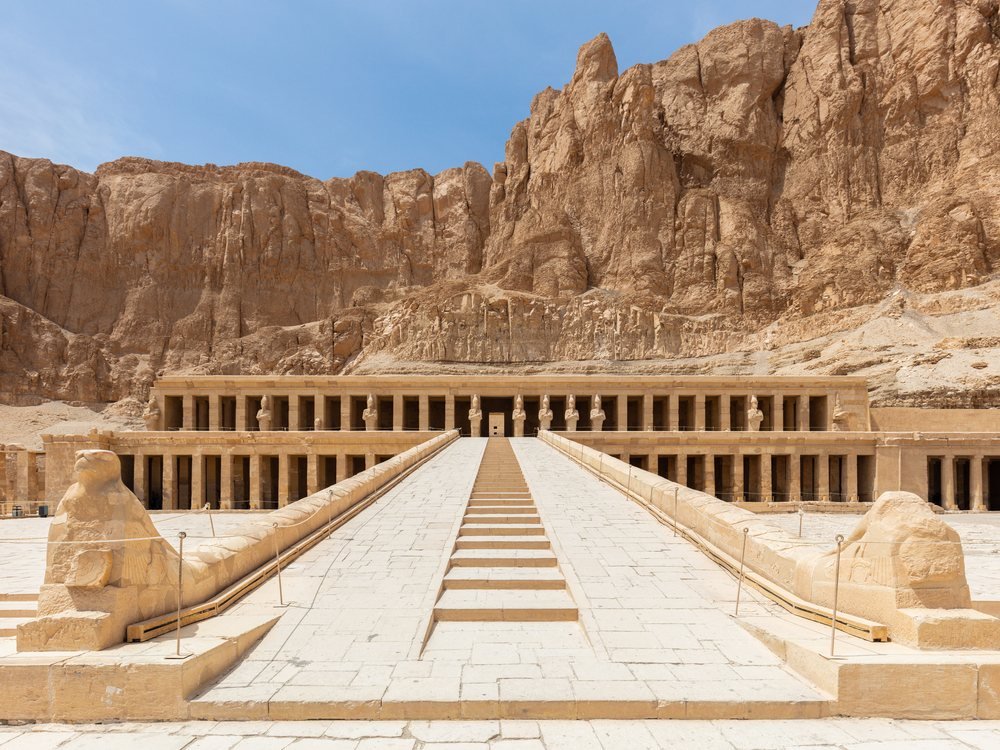 The terraced mortuary temple of Hatshepsut at Deir el-Bahari, carved into the cliffs of the West Bank.